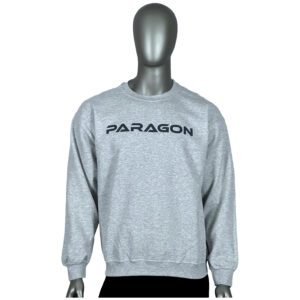A man wearing a gray sweatshirt with the word paragon on it.