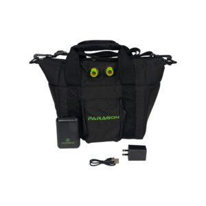 Black Paragon bag with charger and cable.