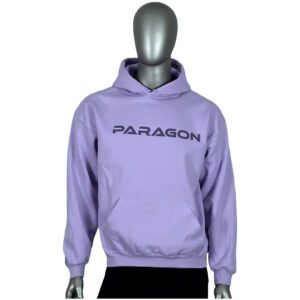 A person wearing a purple hoodie with the word paragon on it.