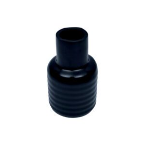A black plastic vase with a small hole in the middle.