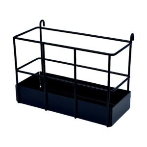 A black metal planter with a shelf on top of it.
